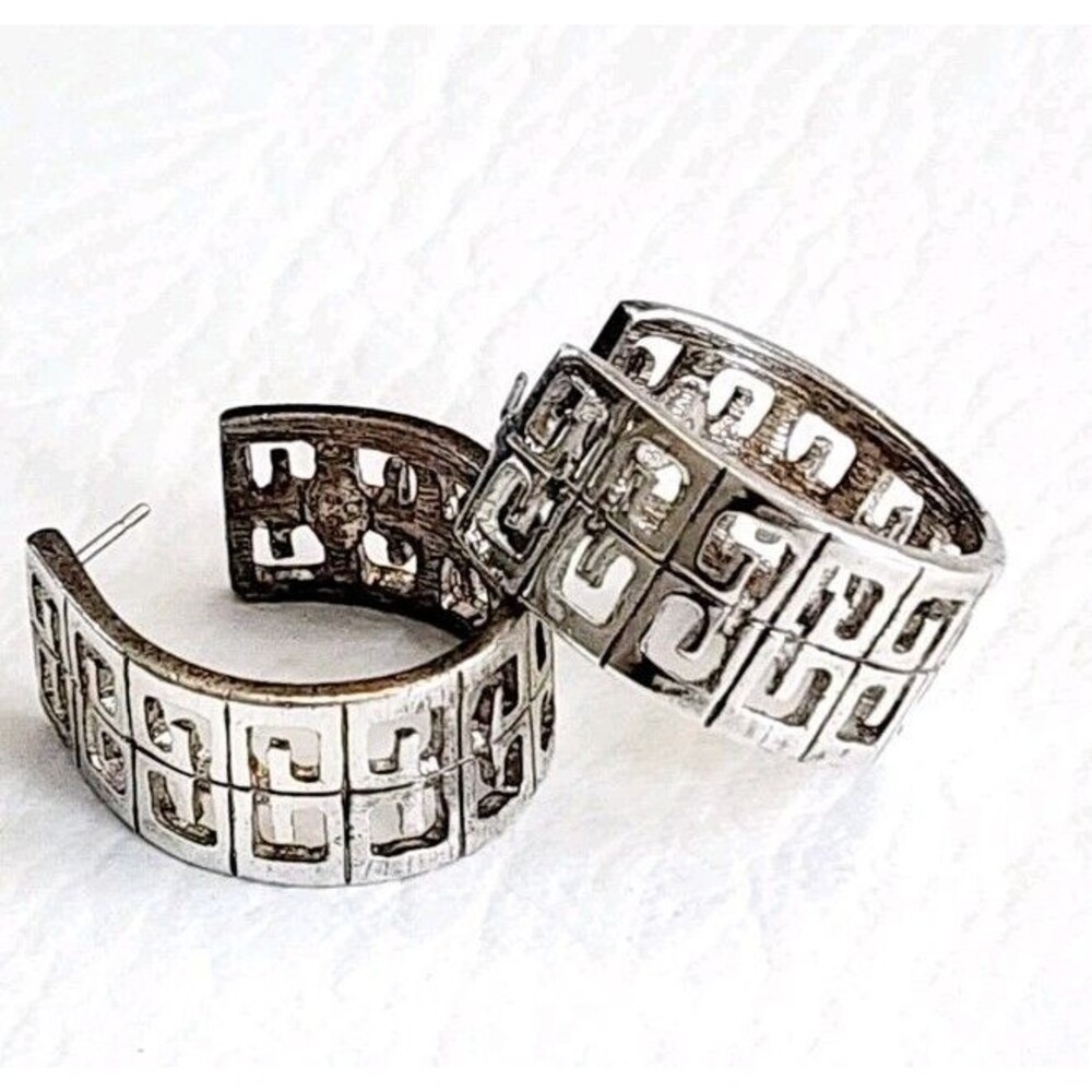 Vintage Givenchy Silver Tone Open Cut G   Hoop  Earrings 1"